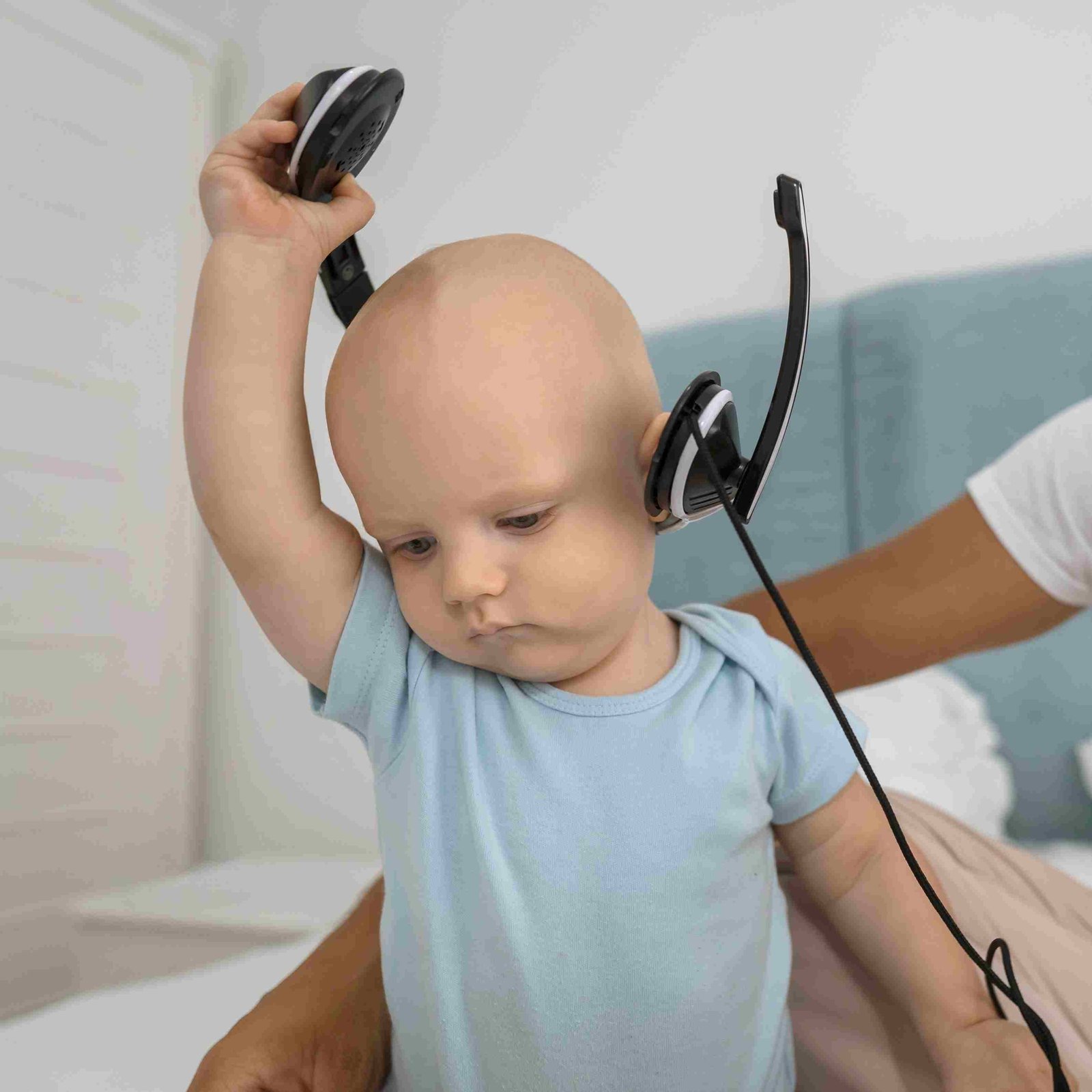 child with dad s headphones home quarantine 11zon