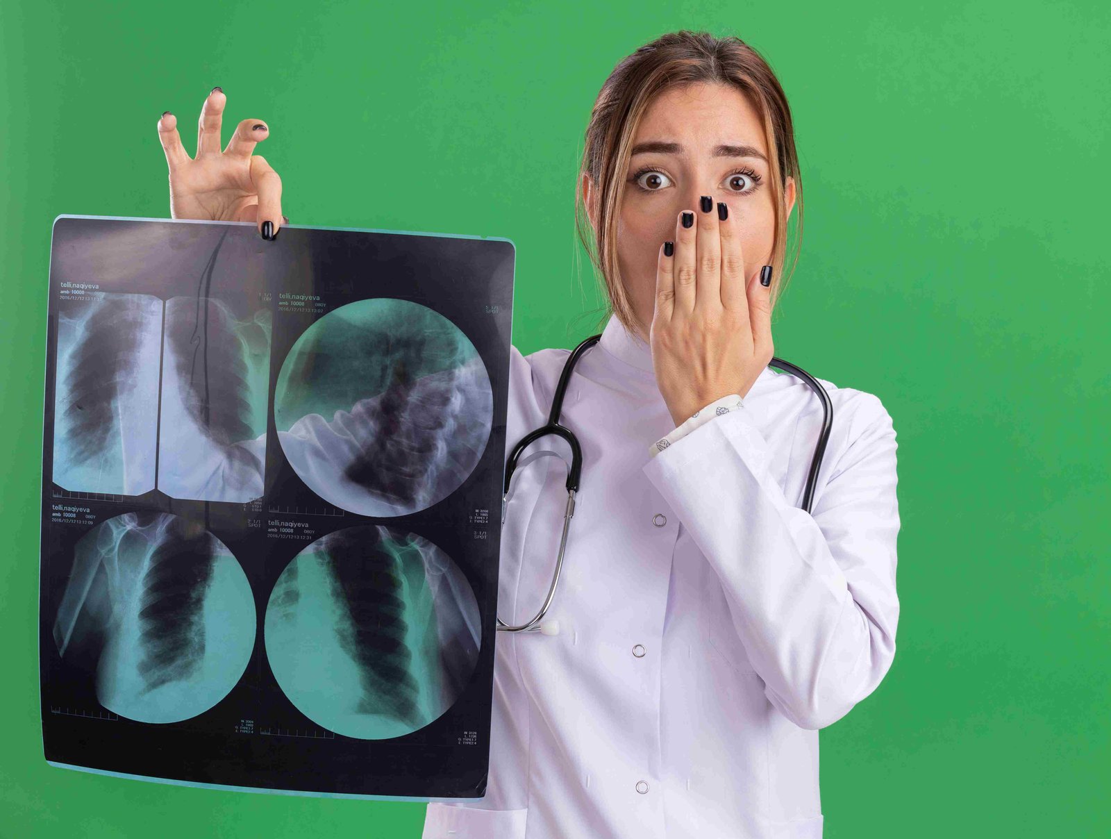 scared young female doctor wearing medical robe with stethoscope holding x ray covered mouth with hand isolated green wall 11zon